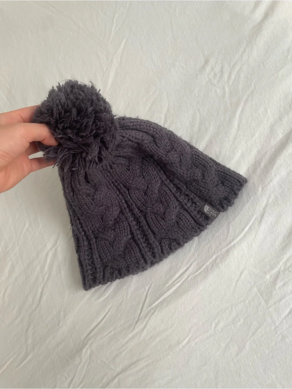 The North Face Purple Gray Cable Knit Beanie with Pom Pom